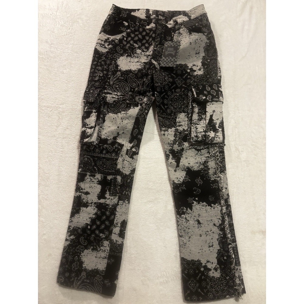 NEW Rebel Vengeance Tapestry Goth Cargo Pants Mens 30 Black Fringe Streetwear‎